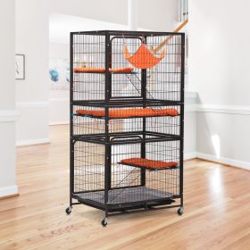 4-Story Pet Cage, with Ladder, Lockable Wheels and Removable Tray, Black and Orange
