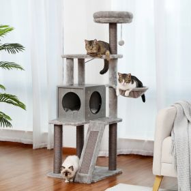 Wooden Cat Tree 4 Levels Platform for Large Cats Featuring with Fully Scratching Posts; Hammock; Padded Perch