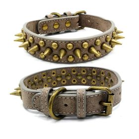 POPMARKET Retro Studded Spiked Rivet Large Dog Pet Leather Collar  S-XL (Option: Gray-L)